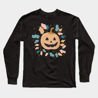 Pastel Jack-o-lantern with pastel fall leaves Long Sleeve T-Shirt